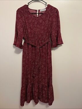 Citrus & Lemon Wine Red Printed Midi Dress with Waist Tie